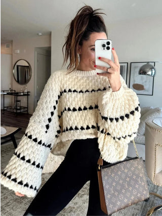 Textured Knit Oversized Diamond Pattern Sweater