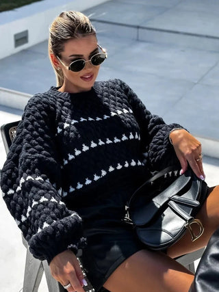 Textured Knit Oversized Diamond Pattern Sweater