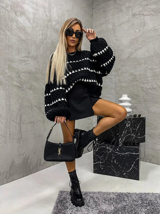 Textured Knit Oversized Diamond Pattern Sweater