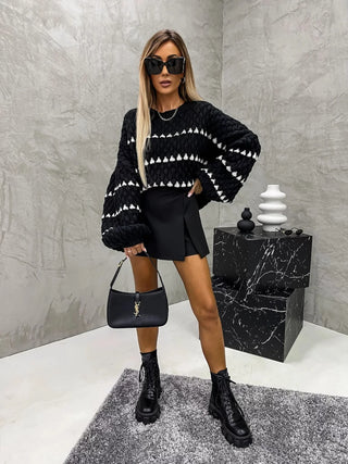 Textured Knit Oversized Diamond Pattern Sweater