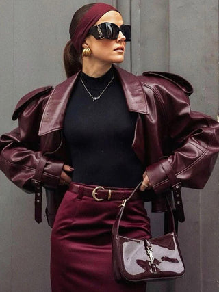 Cropped Faux Leather Trench Jacket