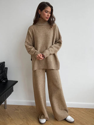 Cozy Knit Turtleneck Set with Wide-Leg Pants