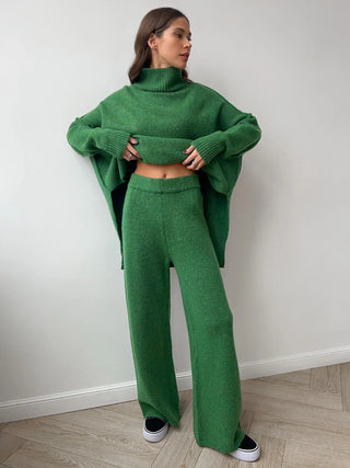 Cozy Knit Turtleneck Set with Wide-Leg Pants