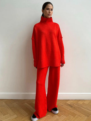 Cozy Knit Turtleneck Set with Wide-Leg Pants