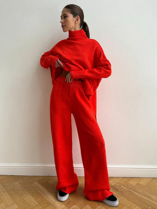 Cozy Knit Turtleneck Set with Wide-Leg Pants