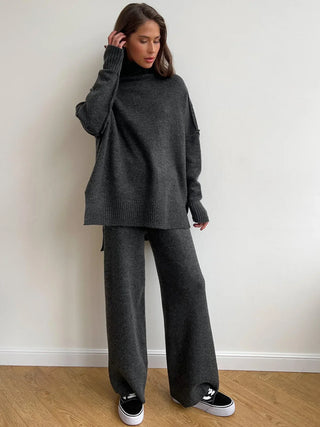 Cozy Knit Turtleneck Set with Wide-Leg Pants