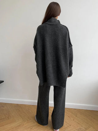 Cozy Knit Turtleneck Set with Wide-Leg Pants