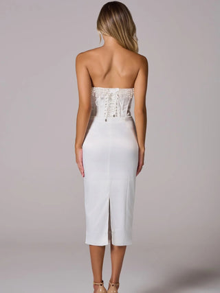 Pearl Trim Strapless Corset Midi Dress