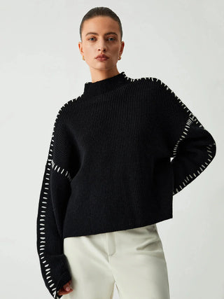 Ribbed Wool Mock Neck Whipstitch Sweater