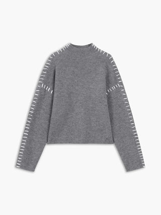 Ribbed Wool Mock Neck Whipstitch Sweater