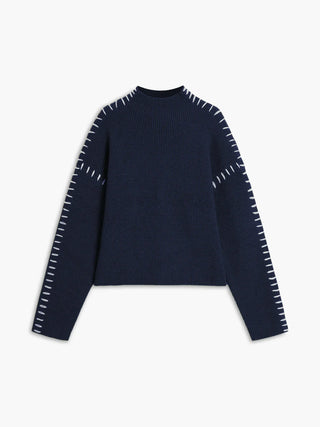 Ribbed Wool Mock Neck Whipstitch Sweater