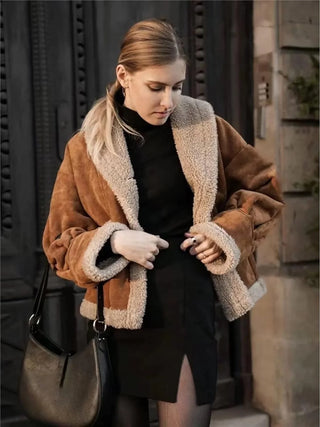 Warm Sherpa-Lined Faux Suede Jacket